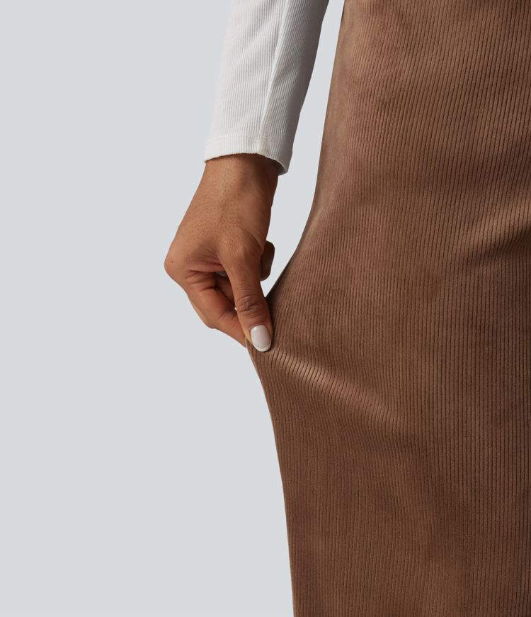 Mid Rise Fleece Corduroy Casual Straight Leg Pants with Pockets