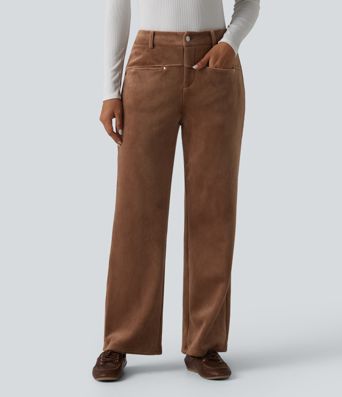 Mid Rise Fleece Corduroy Casual Straight Leg Pants with Pockets