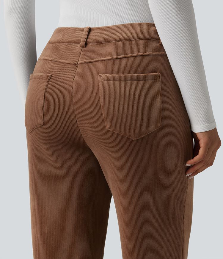 Mid Rise Fleece Corduroy Casual Straight Leg Pants with Pockets