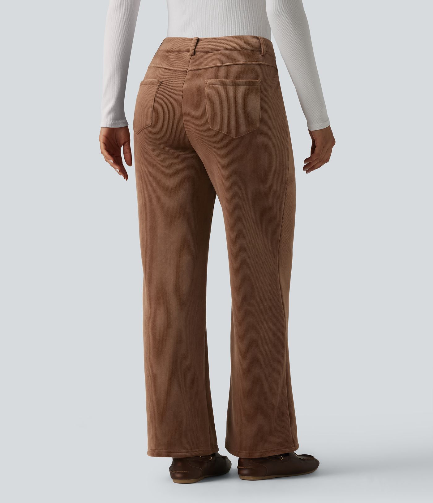 Mid Rise Fleece Corduroy Casual Straight Leg Pants with Pockets