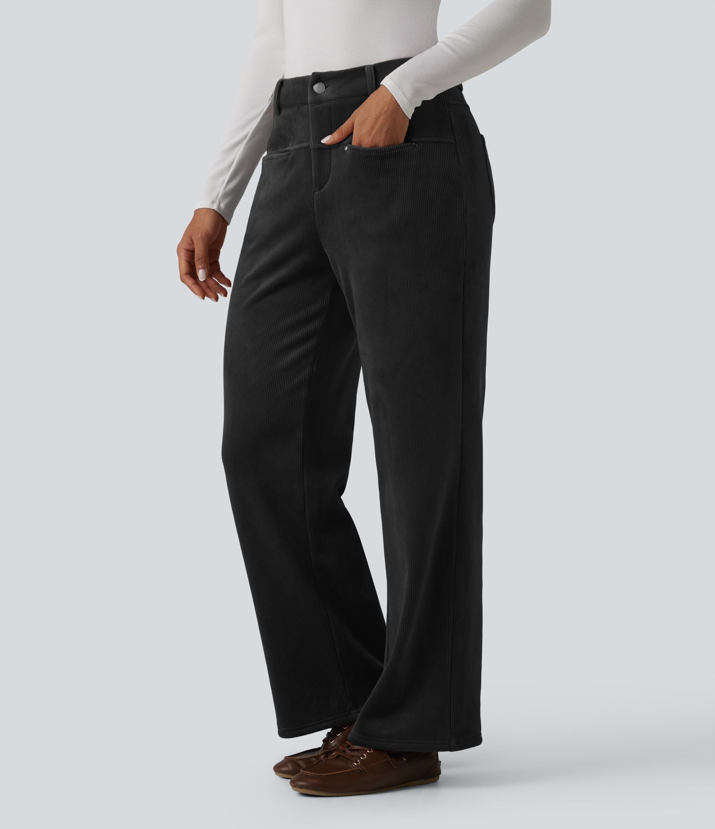 Mid Rise Fleece Corduroy Casual Straight Leg Pants with Pockets Mid Rise Fleece Corduroy Casual Straight Leg Pants with Pockets
