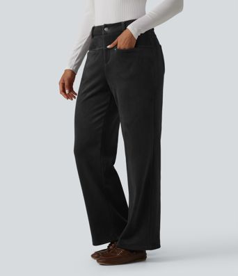 Mid Rise Fleece Corduroy Casual Straight Leg Pants with Pockets Mid Rise Fleece Corduroy Casual Straight Leg Pants with Pockets