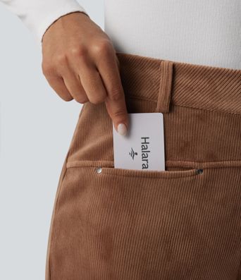 Mid Rise Fleece Corduroy Casual Straight Leg Pants with Pockets