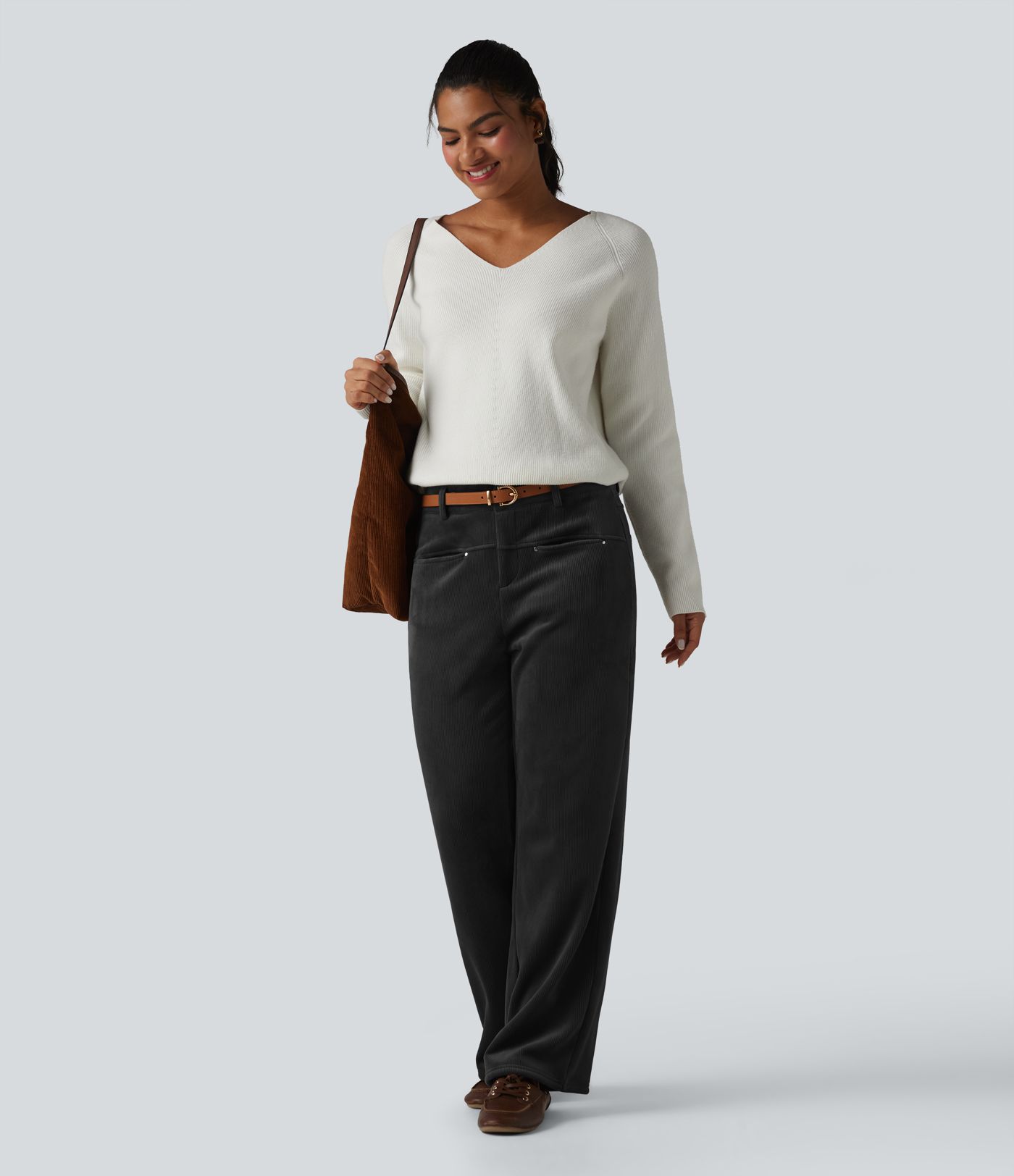 Mid Rise Fleece Corduroy Casual Straight Leg Pants with Pockets Mid Rise Fleece Corduroy Casual Straight Leg Pants with Pockets
