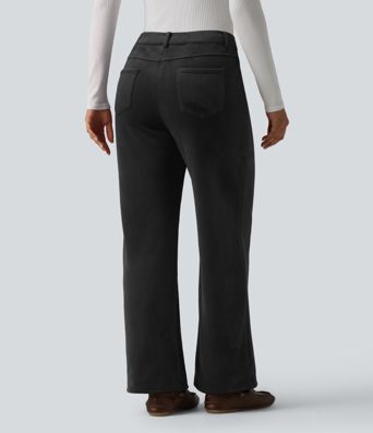 Mid Rise Fleece Corduroy Casual Straight Leg Pants with Pockets Mid Rise Fleece Corduroy Casual Straight Leg Pants with Pockets