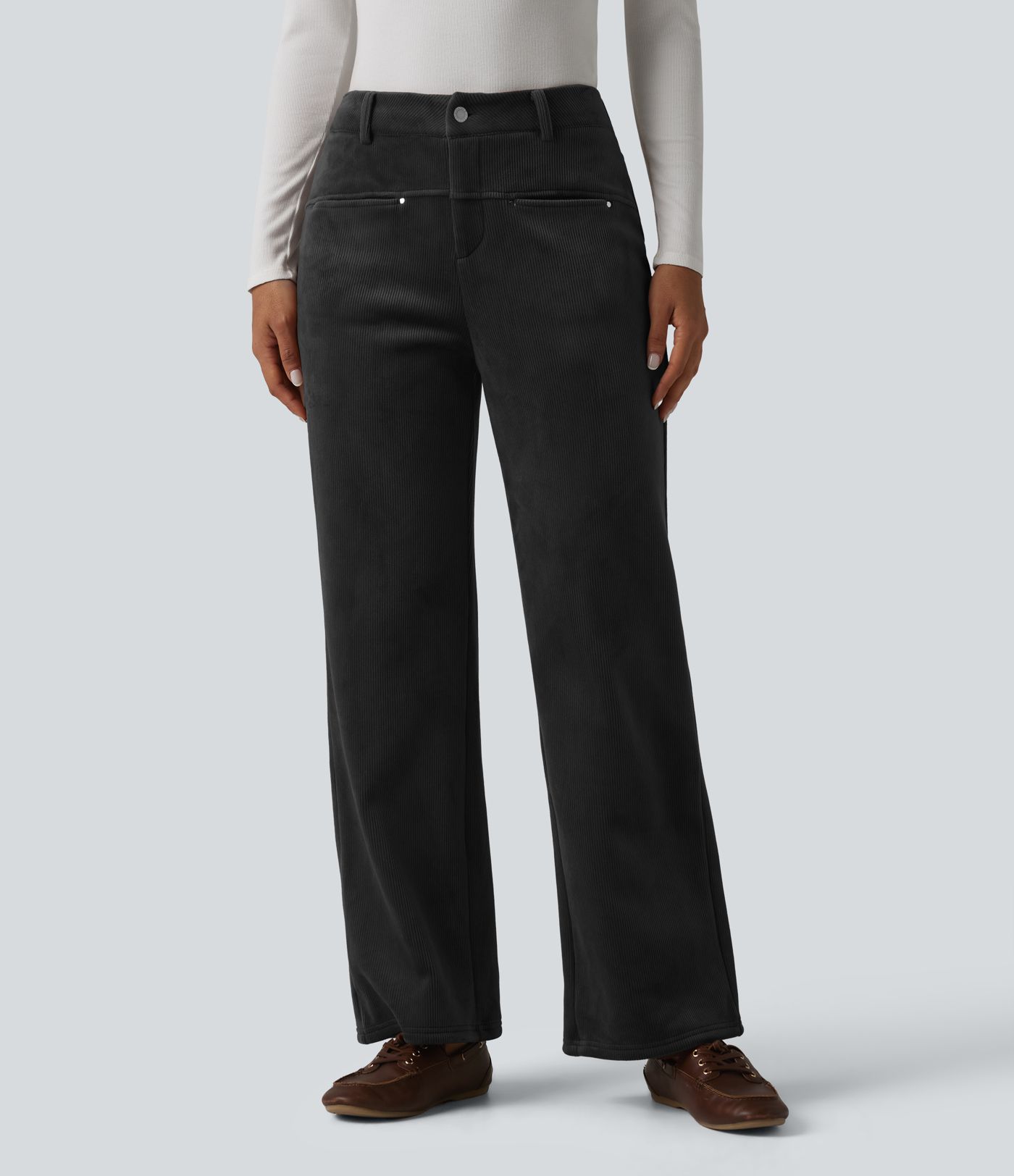 Mid Rise Fleece Corduroy Casual Straight Leg Pants with Pockets Mid Rise Fleece Corduroy Casual Straight Leg Pants with Pockets