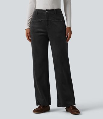 Mid Rise Fleece Corduroy Casual Straight Leg Pants with Pockets Mid Rise Fleece Corduroy Casual Straight Leg Pants with Pockets