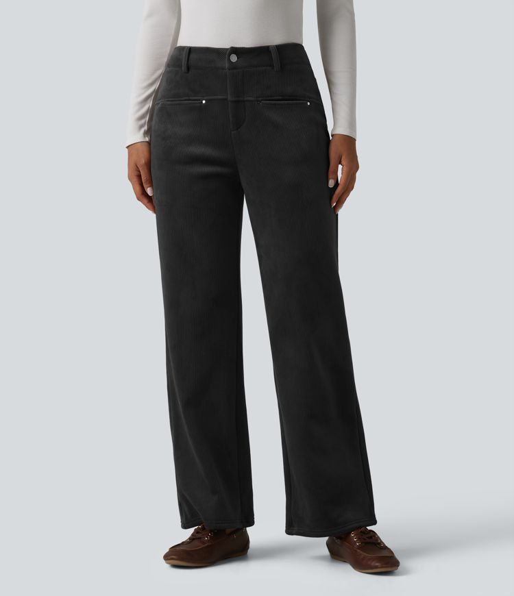 Mid Rise Fleece Corduroy Casual Straight Leg Pants with Pockets Mid Rise Fleece Corduroy Casual Straight Leg Pants with Pockets