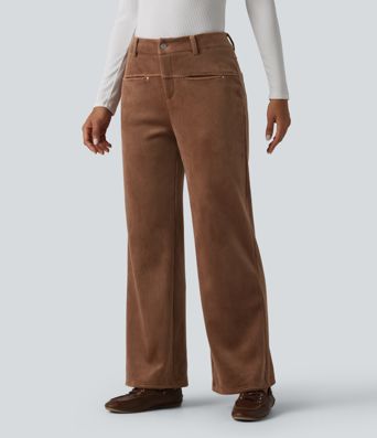 Mid Rise Fleece Corduroy Casual Straight Leg Pants with Pockets
