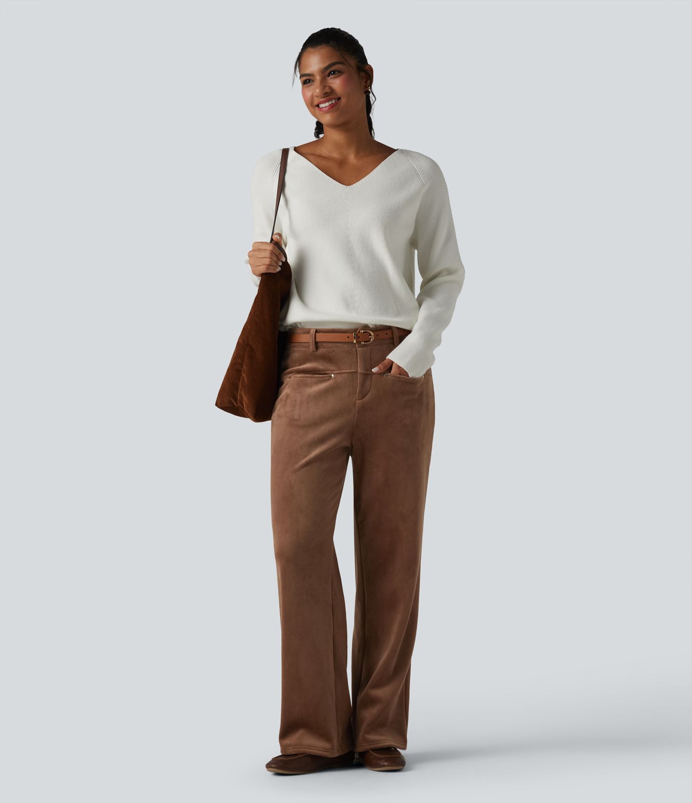 Mid Rise Fleece Corduroy Casual Straight Leg Pants with Pockets