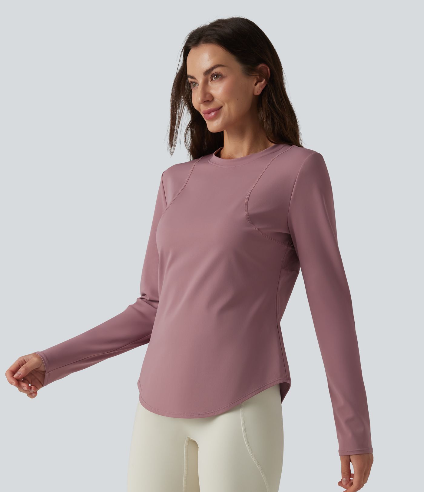 Round Neck Long Sleeve Curved Hem Eyelet Cool Touch Quick Dry Running Sports Top-UPF50+