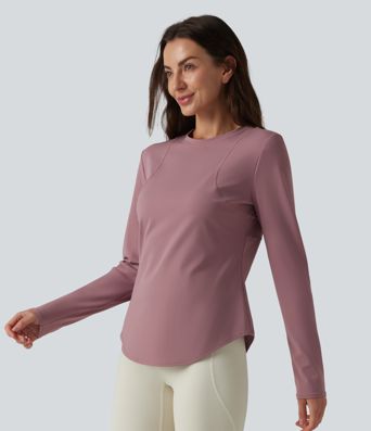 Round Neck Long Sleeve Curved Hem Eyelet Cool Touch Quick Dry Running Sports Top-UPF50+