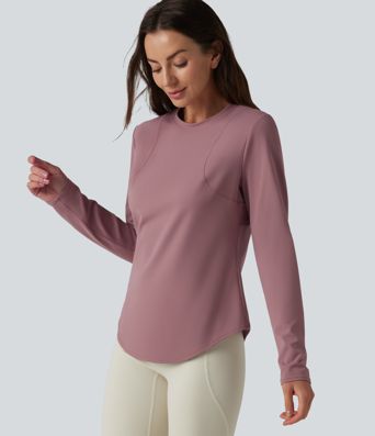 Round Neck Long Sleeve Curved Hem Eyelet Cool Touch Quick Dry Running Sports Top-UPF50+