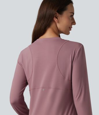 Round Neck Long Sleeve Curved Hem Eyelet Cool Touch Quick Dry Running Sports Top-UPF50+