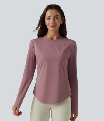 Round Neck Long Sleeve Curved Hem Eyelet Cool Touch Quick Dry Running Sports Top-UPF50+