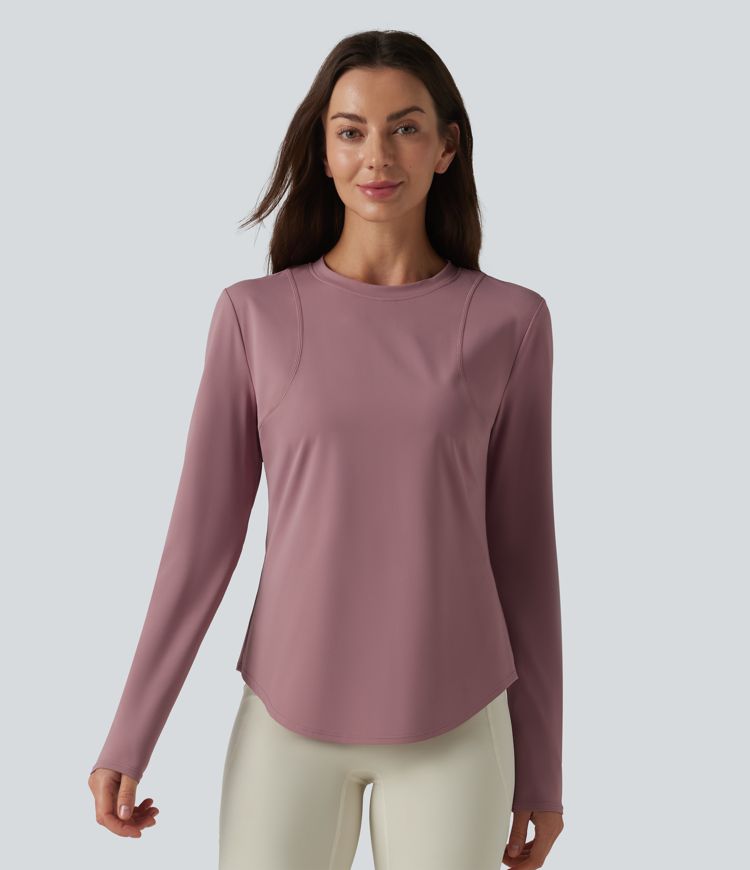 Round Neck Long Sleeve Curved Hem Eyelet Cool Touch Quick Dry Running Sports Top-UPF50+