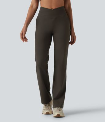 Crossover High Waisted Yoga Bootcut Pants with Pockets