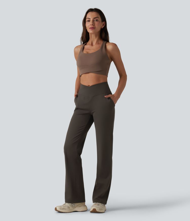 Crossover High Waisted Yoga Bootcut Pants with Pockets