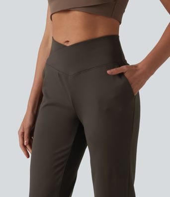 Crossover High Waisted Yoga Bootcut Pants with Pockets