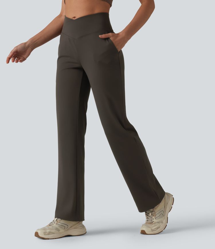 Crossover High Waisted Yoga Bootcut Pants with Pockets