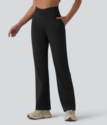 Crossover High Waisted Yoga Bootcut Pants with Pockets