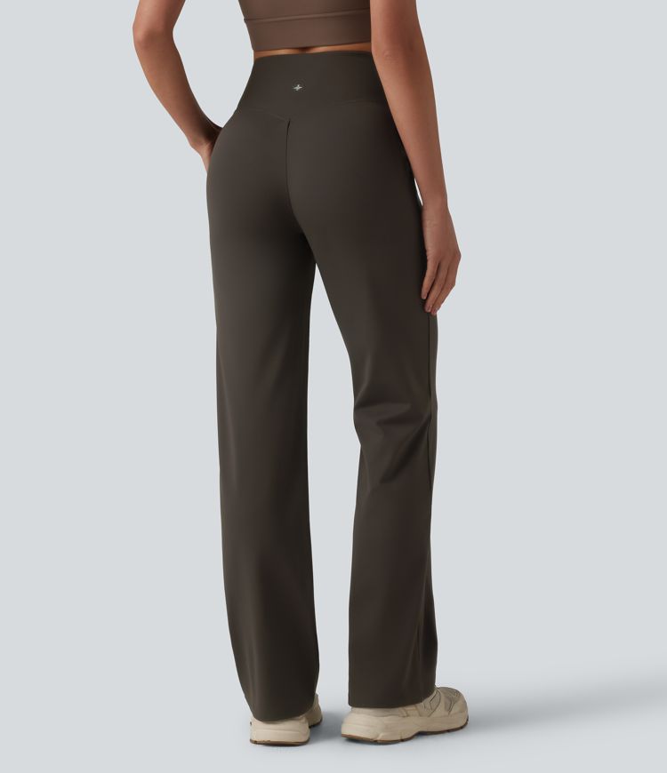 Crossover High Waisted Yoga Bootcut Pants with Pockets