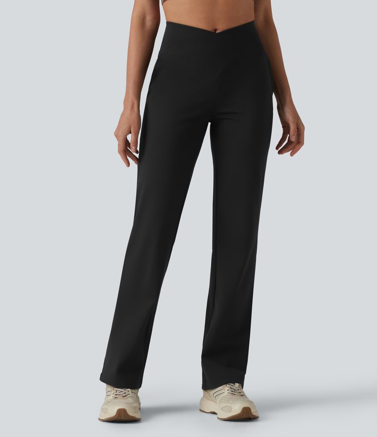 Crossover High Waisted Yoga Bootcut Pants with Pockets