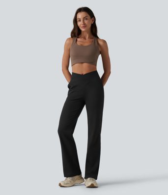 Crossover High Waisted Yoga Bootcut Pants with Pockets