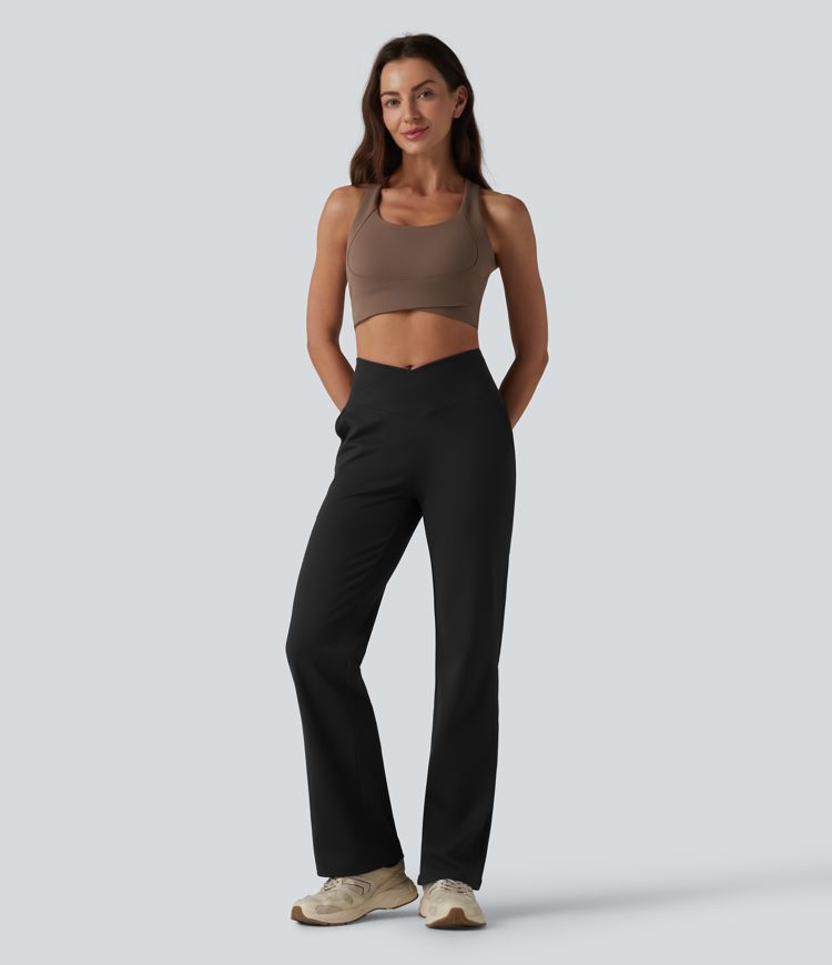 Crossover High Waisted Yoga Bootcut Pants with Pockets
