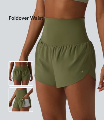 Breezeful™ Foldover Super High Waisted Crossover Hem 2-in-1 Quick Dry Workout Shorts with Pockets