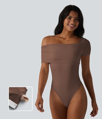 Asymmetrical Neck Short Sleeve Built-in Bra Casual Bodysuit