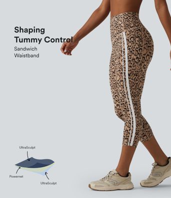 Halara UltraSculpt™ Leopard Print High Waisted Tummy Control Color Block Stripe Capri Training Leggings with Pockets