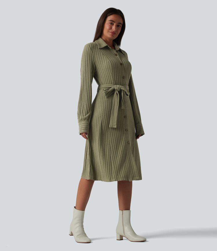 ribbed belted midi dress Belted embellished ribbed-knit and twill midi dress - gray