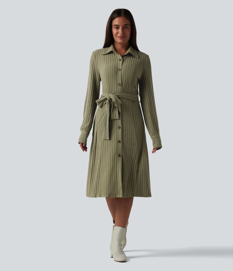 knit work dress XS Moss Green Floral Velvet Ribbed Long Sleeve Belted Midi smart casual dresses