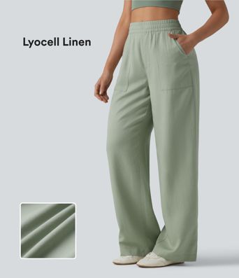 High Waisted Inner Drawstring Lyocell Linen-Blend Casual Wide Leg Pants with Pockets