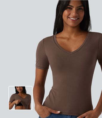 Halara Cotton Jersey V-neck Short Sleeve Built-in Bra Casual T-Shirt B-DD Cups