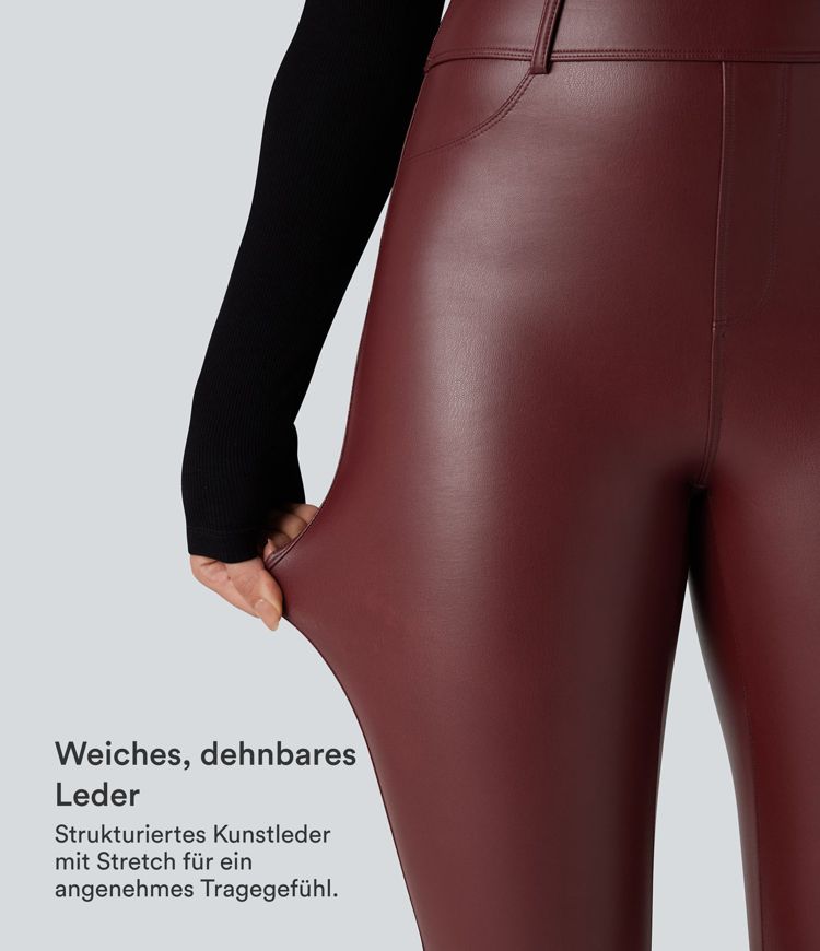 Lässige Leggings aus dehnbarem Kunstleder mit hohem Bund und Gesäßtaschen