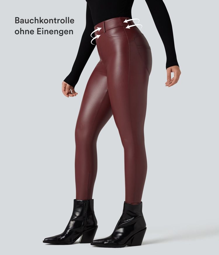 Lässige Leggings aus dehnbarem Kunstleder mit hohem Bund und Gesäßtaschen
