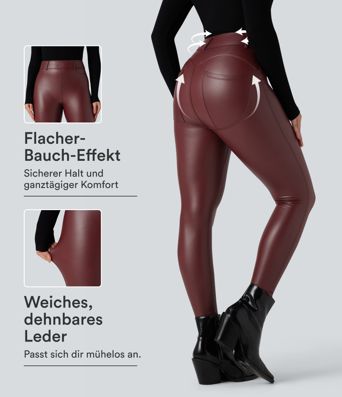 Lässige Leggings aus dehnbarem Kunstleder mit hohem Bund und Gesäßtaschen