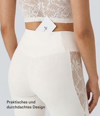 Softlyzero™ Yoga-Leggings mit hohem Bund und überkreuzter Spitze in Kontrastfarbe, Gesäßtasche, 7/8-Länge