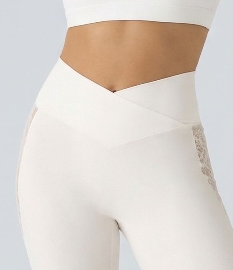 Softlyzero™ Yoga-Leggings mit hohem Bund und überkreuzter Spitze in Kontrastfarbe, Gesäßtasche, 7/8-Länge