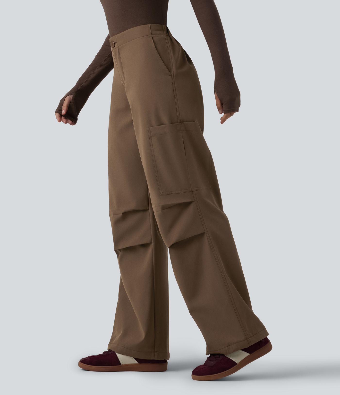 Pantalon parachute large fluide décontracté en polaire taille haute avec poches