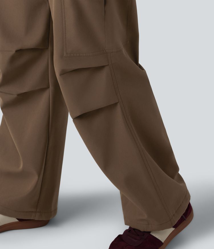 Pantalon parachute large fluide décontracté en polaire taille haute avec poches