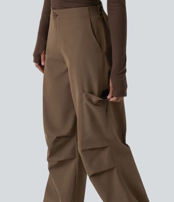 Pantalon parachute large fluide décontracté en polaire taille haute avec poches
