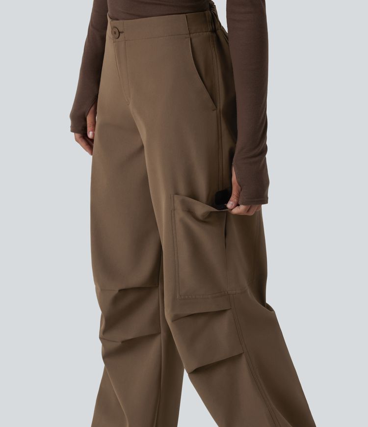 Pantalon parachute large fluide décontracté en polaire taille haute avec poches