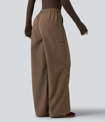 Pantalon parachute large fluide décontracté en polaire taille haute avec poches