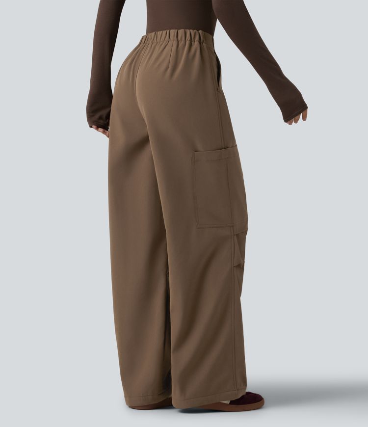 Pantalon parachute large fluide décontracté en polaire taille haute avec poches