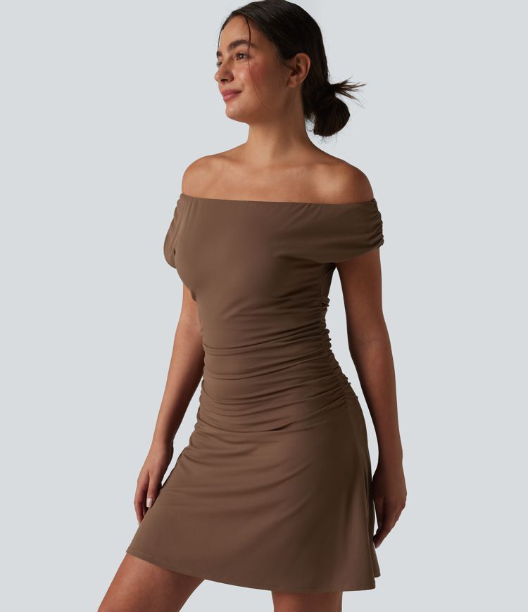 SoftlyZero™ schulterfreies, abnehmbares Träger-BH-Kleid (2-in-1) mit Taschen – ideal für Yoga und Sport.