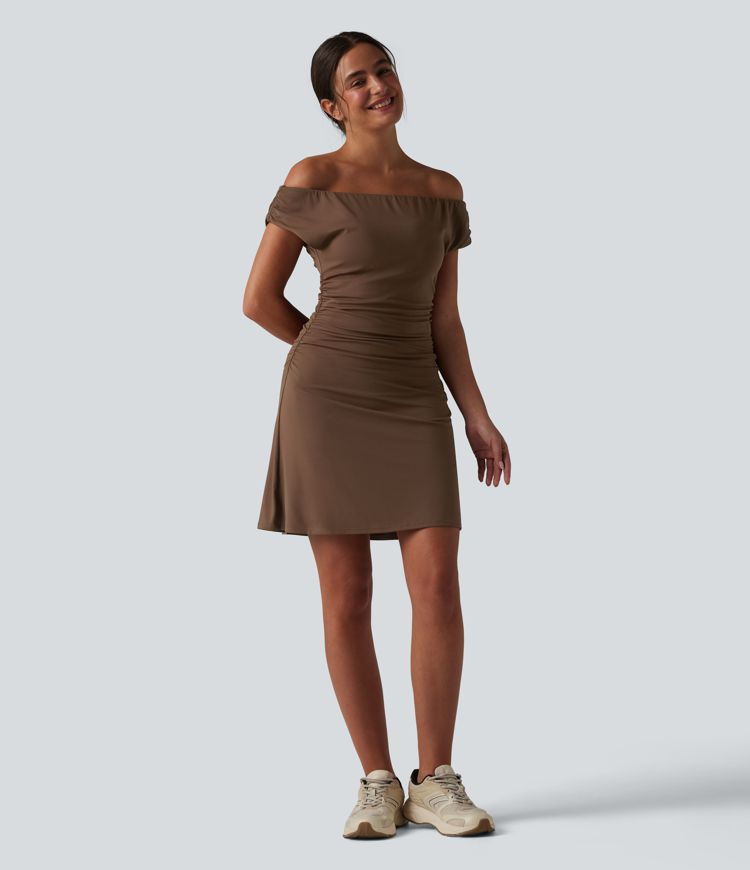 SoftlyZero™ schulterfreies, abnehmbares Träger-BH-Kleid (2-in-1) mit Taschen – ideal für Yoga und Sport.