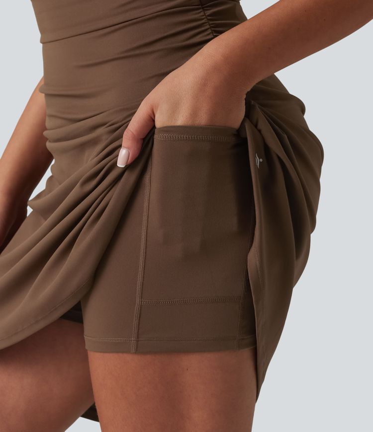 SoftlyZero™ schulterfreies, abnehmbares Träger-BH-Kleid (2-in-1) mit Taschen – ideal für Yoga und Sport.